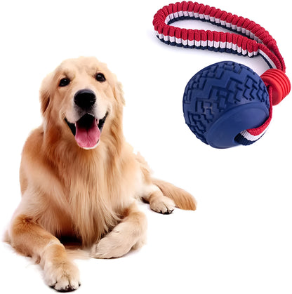 Blue dog ball with rope toy showing 6.5cm diameter textured rubber ball on 29cm rope for dental cleaning and tug-of-war