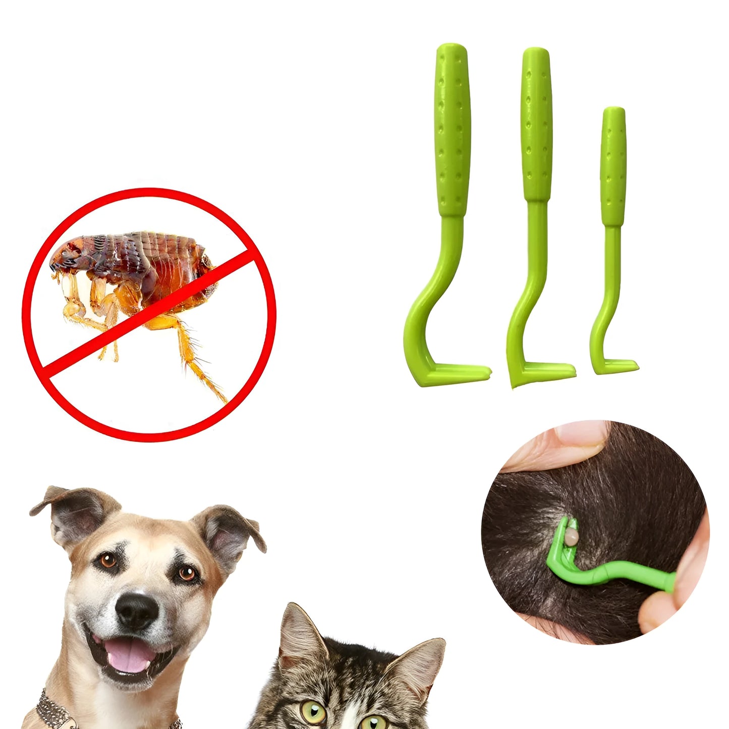 Three blue plastic tick removal hook tools for pets on a white background.