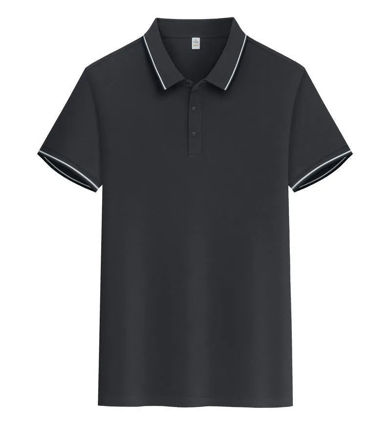 Men's pure cotton short sleeve polo shirt with lapels in a range of colours on a hanger.