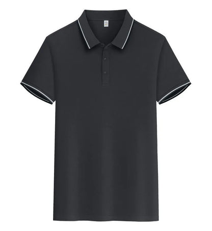 Men's pure cotton short sleeve polo shirt with lapels in a range of colours on a hanger.