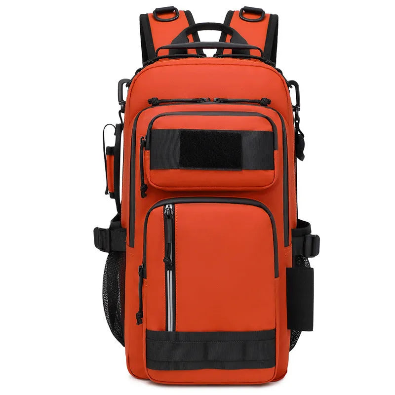 Large orange and black derm outdoor backpack with 20-35L capacity for hiking and camping.