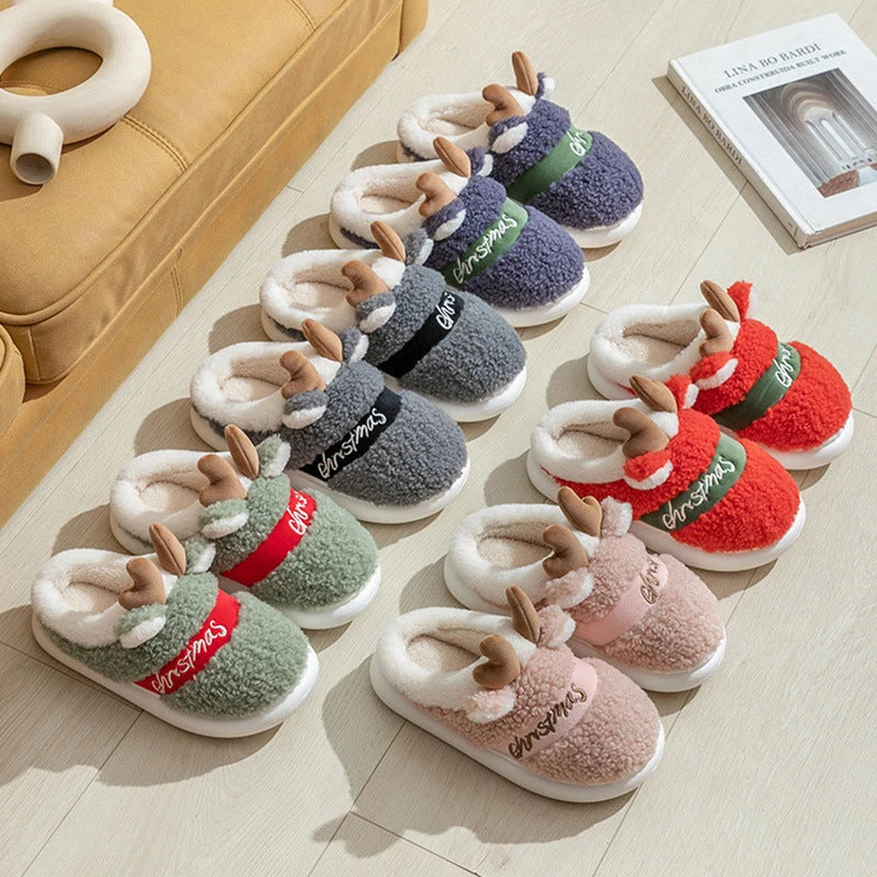 Cozy elk-themed winter home slippers in various candy colors with soft suede upper and supportive EVA sole