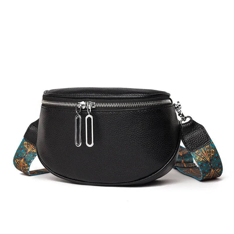 Women's soft PU leather messenger bag in saddle shape with a cross-body strap.