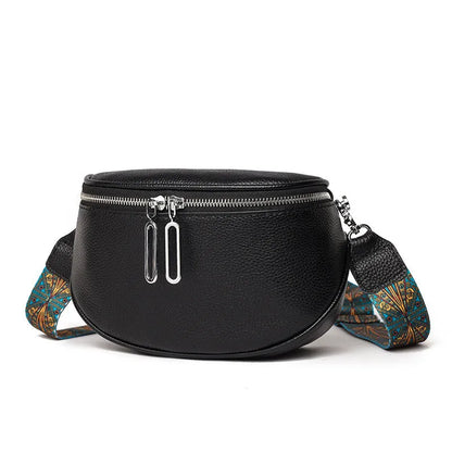 Women's soft PU leather messenger bag in saddle shape with a cross-body strap.