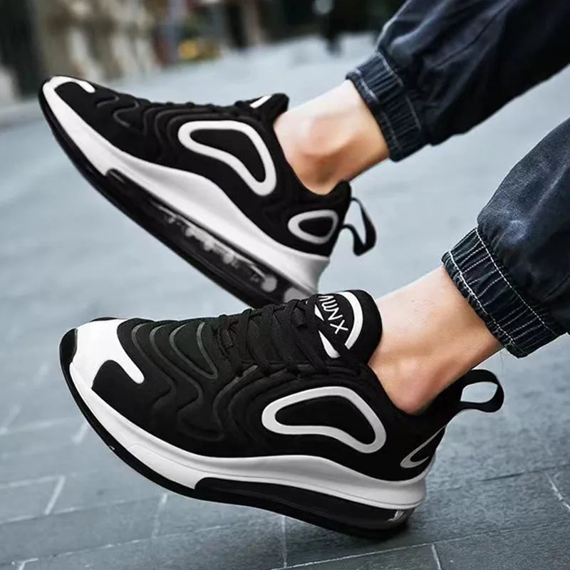 Men's Casual Air Cushion Black Shoes Outdoor Breathable Lace-up Sneakers Running Sports Shoes with Artificial PU Upper and Thick Sole, Available in Black, Black White, and BlackRed Colour Options