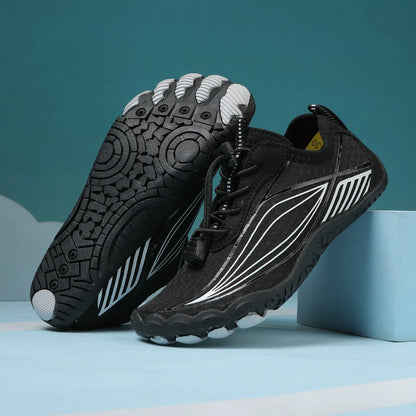 Children's wading swimming shoes with non-slip rubber sole in black, grey, pink, and blue colour options