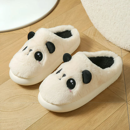 Panda print cotton and linen toe ring slippers with a light coloured non-slip PVC sole.