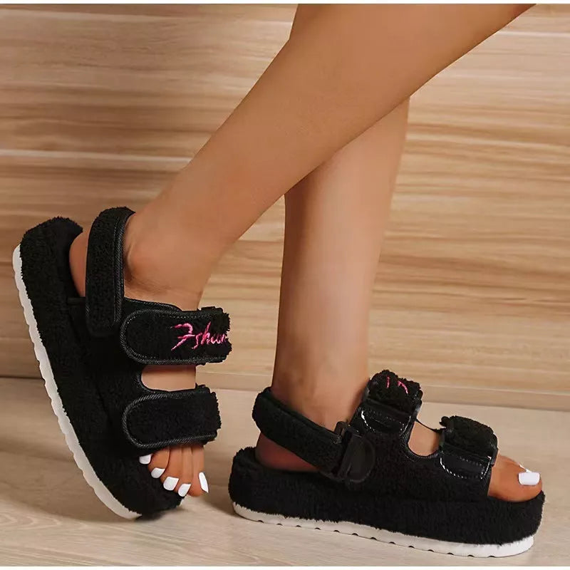 Women's Velcro Plush Rome Platform High Heel Sandals in black, blue, green, and orange