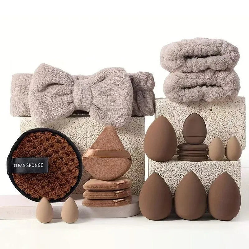 Beauty tool set with hydrophilic non-latex tools for facial cleansing and makeup application in various colours