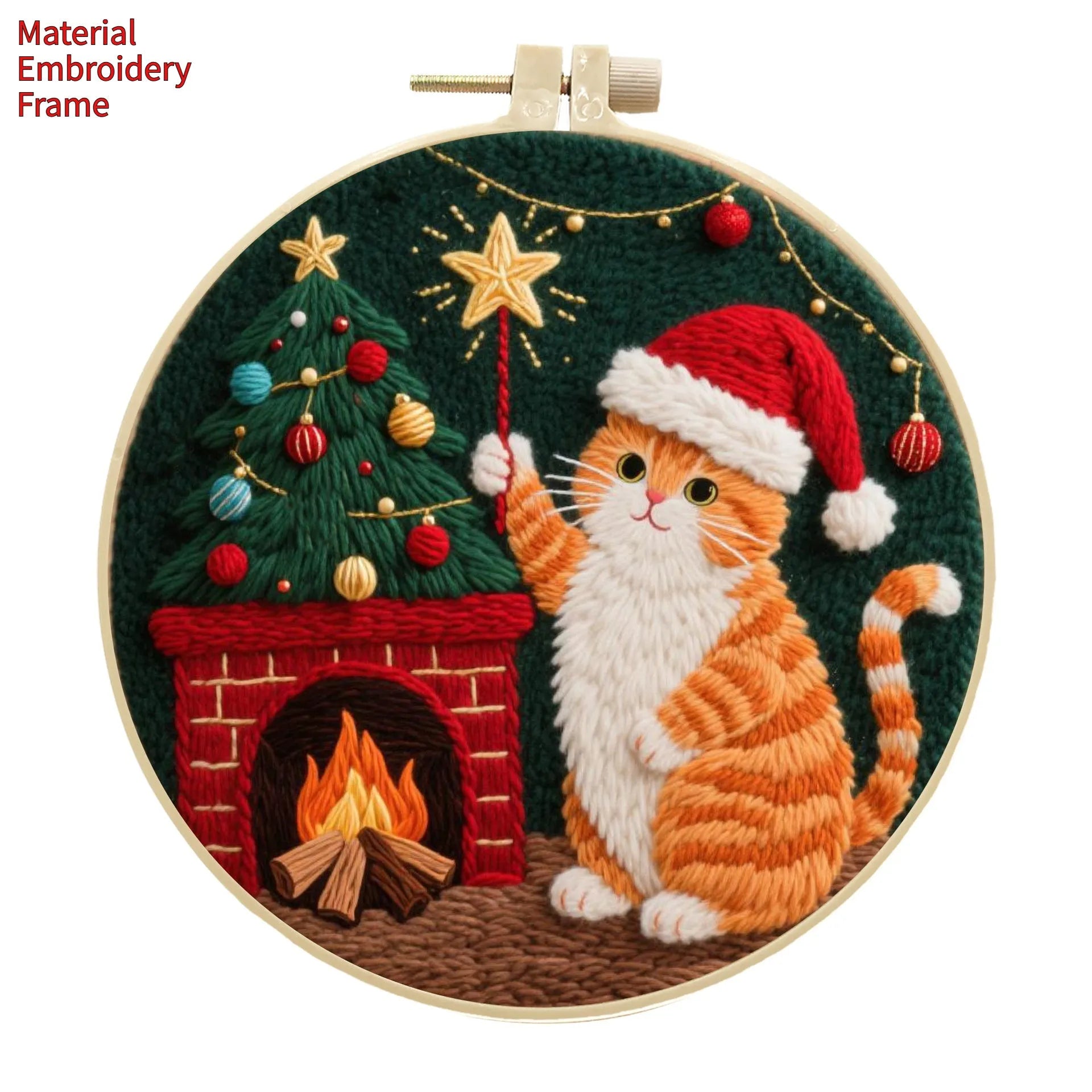 Cat embroidery DIY kit with autumn fruit design on fabric and a 20cm imitation bamboo embroidery frame