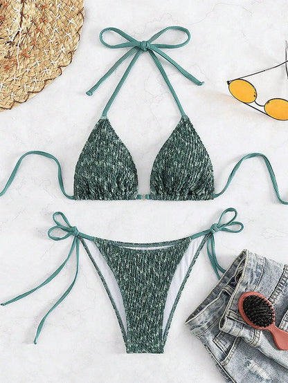 Women's green backless halter strap bikini set showing front and back views
