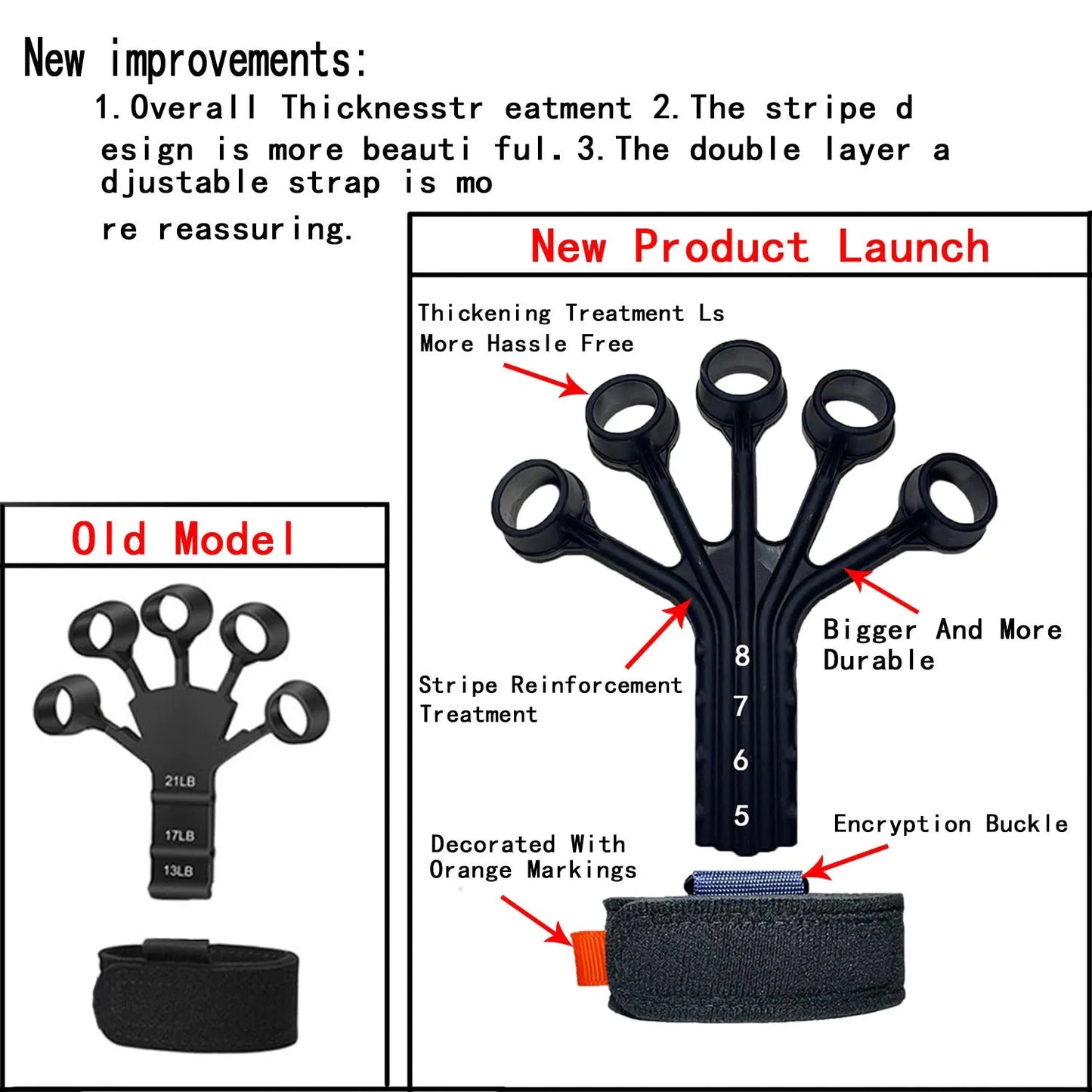 Black silicone finger tension rope trainer with adjustable belt on a grey background.