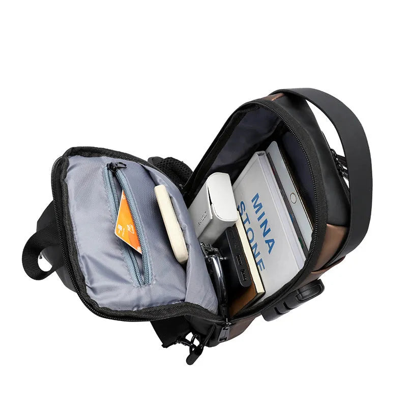 Password lock men's leisure bag in Oxford cloth, 31x17x7cm, vertical square, waterproof, black and brown colour options