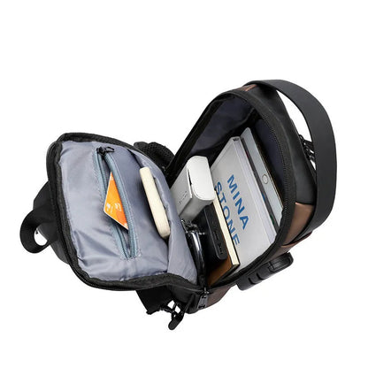 Password lock men's leisure bag in Oxford cloth, 31x17x7cm, vertical square, waterproof, black and brown colour options