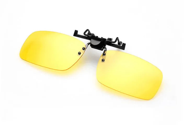 Clip-on sunglasses for prescription glasses in PC material, shown in large and small sizes with different coloured lenses.