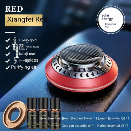 Solar-powered aluminium car air purifier with essential oil bottle and beech wood chips for odour removal.
