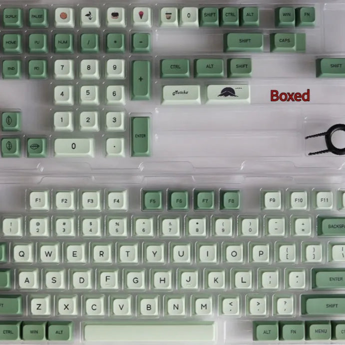 Matcha-themed PBT keycap set with 124 keys and dye-sublimated legends in multiple languages