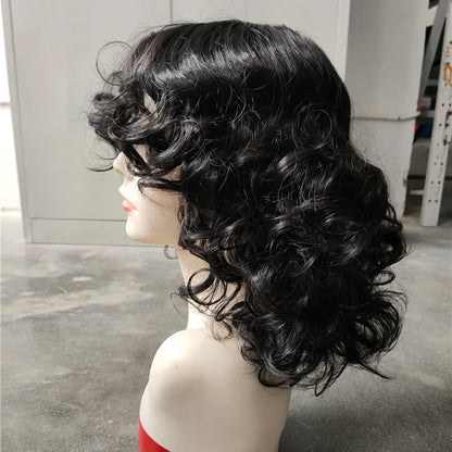 Black synthetic Afro wig with long curly texture on display stand