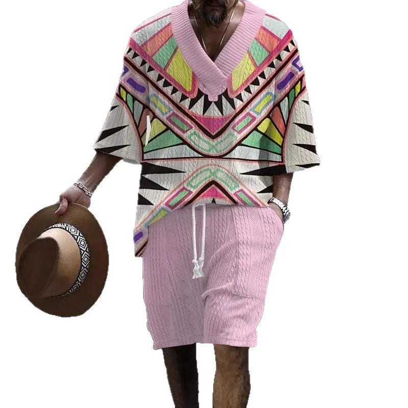 Men's casual short sleeve polyester suit set with loose fit top and matching shorts