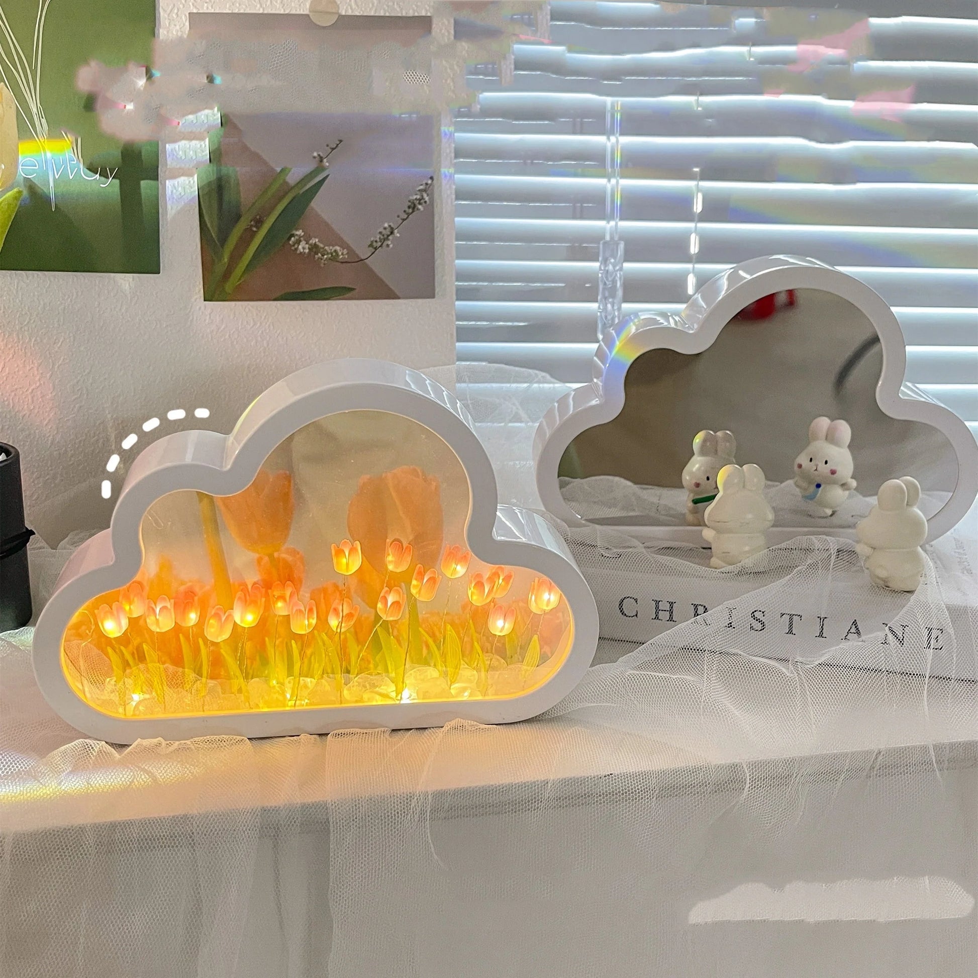 DIY Tulip Night Lamp with decorative mirrors and LED lighting in pink, purple, and blue