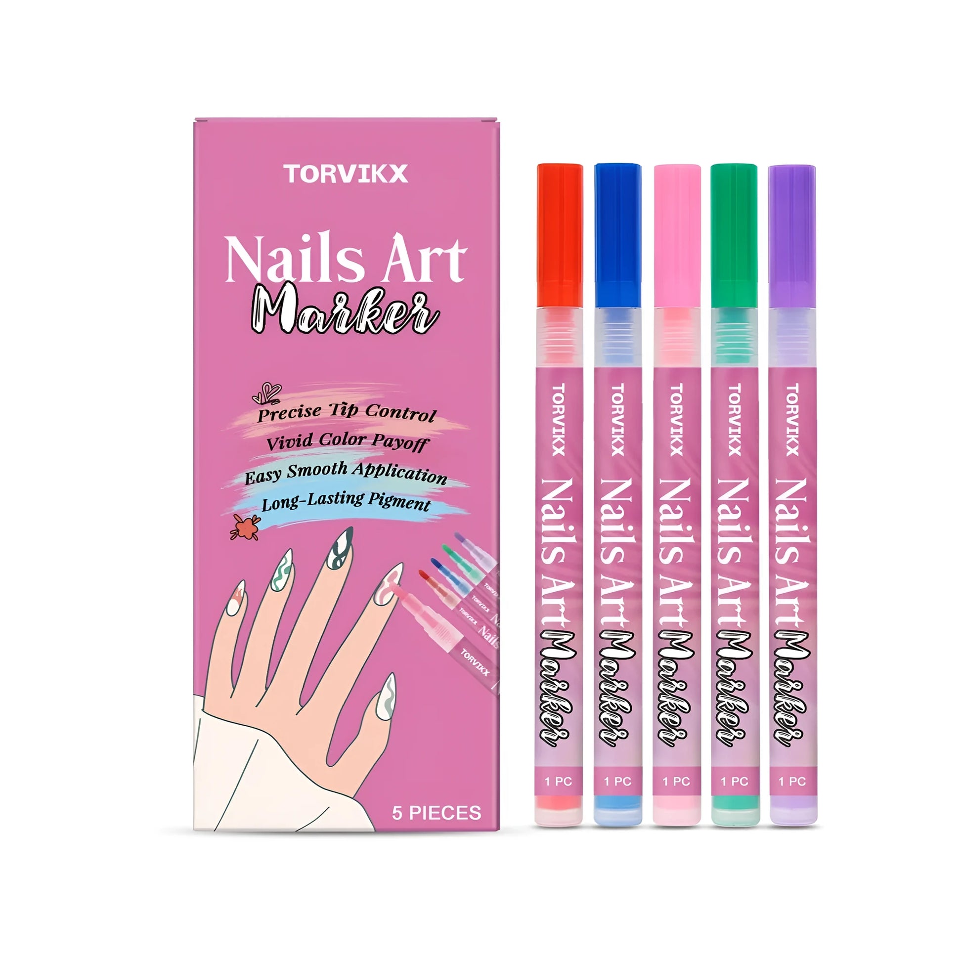 Five nail art graffiti pens in red, blue, powder, violet, and green colours for manicure decoration