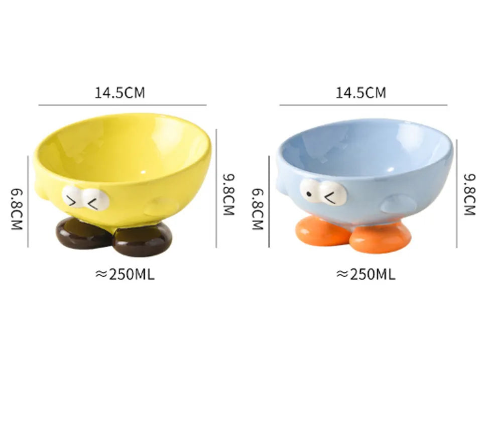 Ceramic slanted pet bowl with decorative expression pattern in blue colour