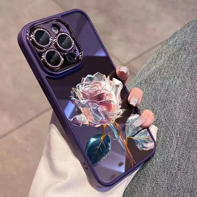 Dark Purple Fairy Pink Rose TPU iPhone case with matching sparkling pink camera lens film.