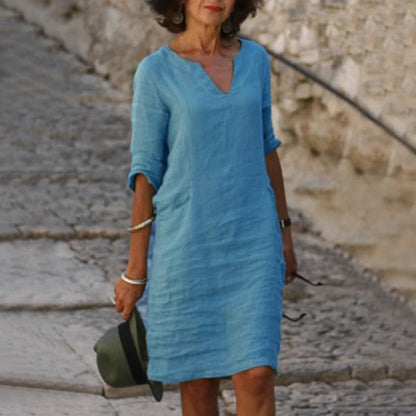 Retro cotton and linen V-neck dress with high waist and summer stitching in various colours