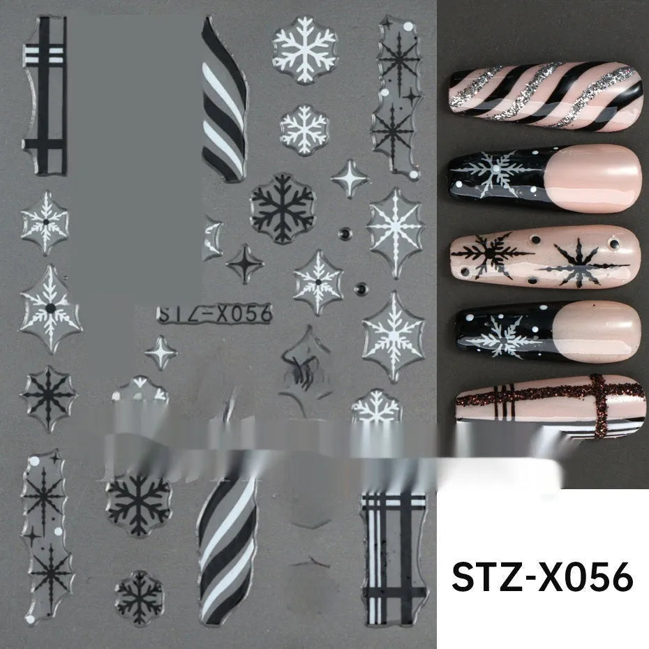 Assortment of black and silver nail sticker designs including cartoon and French tip patterns on a plastic sheet.