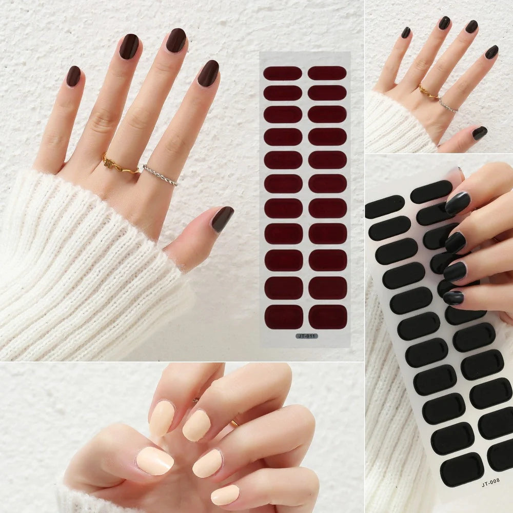Semi-curing gel nail stickers sheet showing 22 solid colour designs including roses, tulips, and geometric patterns