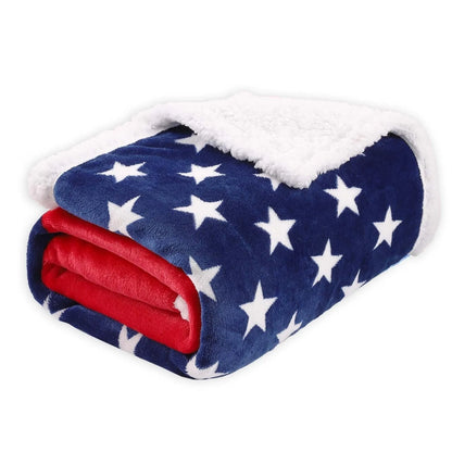 Stripe pattern polyester blanket shown in three size options for beds.