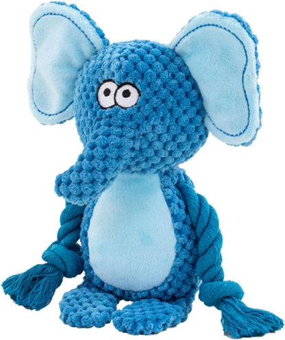 Stuffed animal dog plush toy with cotton rope, shown in elephant, fox, monkey, pig, or rabbit shapes.