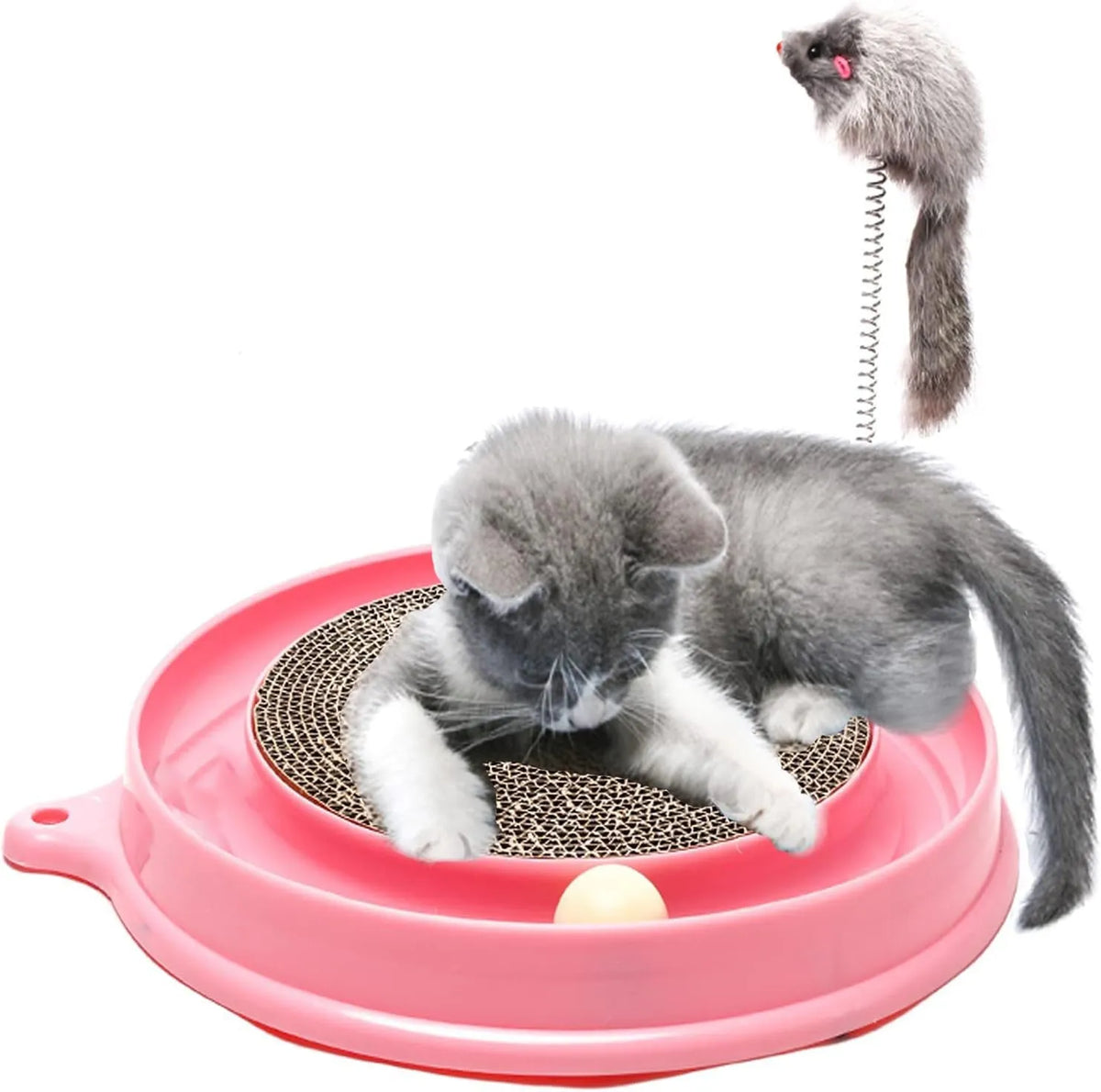 Blue cat scratcher with ball track and replaceable 9.7-inch cardboard pad measuring 40x40cm