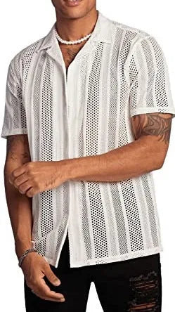 Man wearing a black short-sleeved knitted button-up shirt with a jacquard textured pattern.