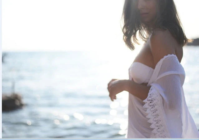 Cotton beach bikini lace white blouse for swimming with feminine detailing