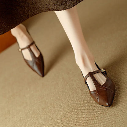 Brown women's pointed toe flat shoes with a round toe and metal detail on a casual cowhide upper.