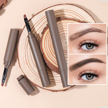 Double-headed eyebrow cream stick showing powder end and spoolie brush, with five colour shade options displayed.