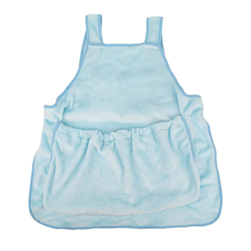 Beige plush pet carrier apron with adjustable neck strap and fresh air opening for small cat or dog