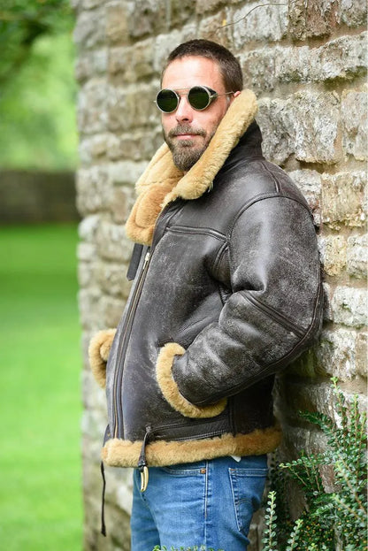 Men's brown synthetic leather fur coat with side pockets and straight hem, medium 65cm length winter jacket