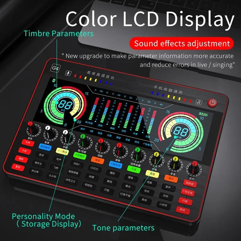 G4 professional USB sound card mixer with LCD screen, multiple knobs, and included microphone and cables
