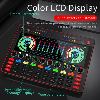 G4 professional USB sound card mixer with LCD screen, multiple knobs, and included microphone and cables