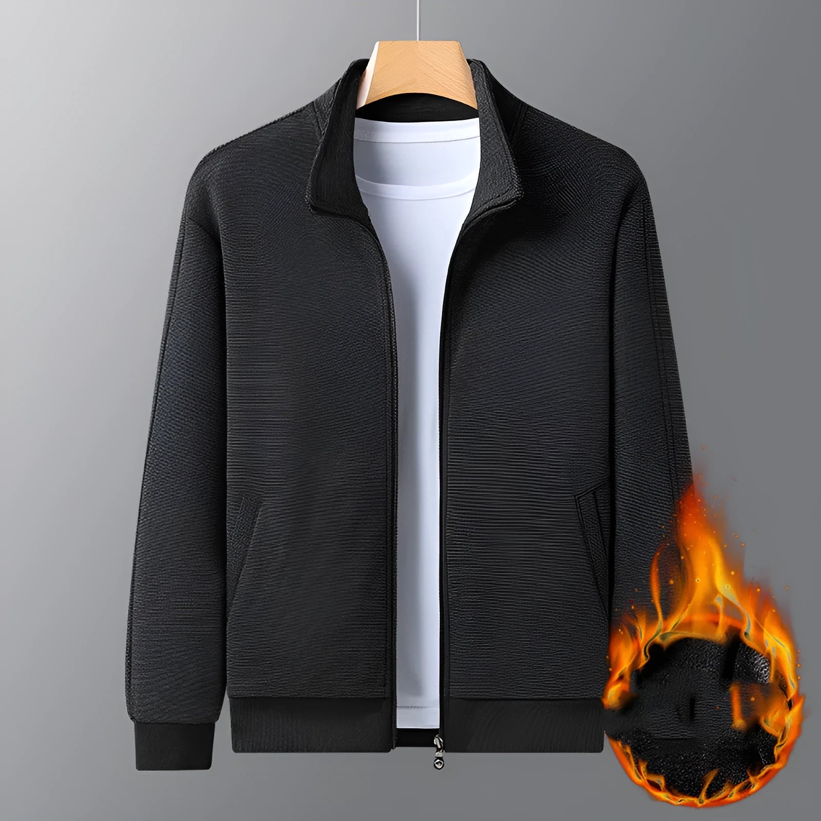 Man wearing a black casual zip-up jacket with a stand-up collar and athletic fit.