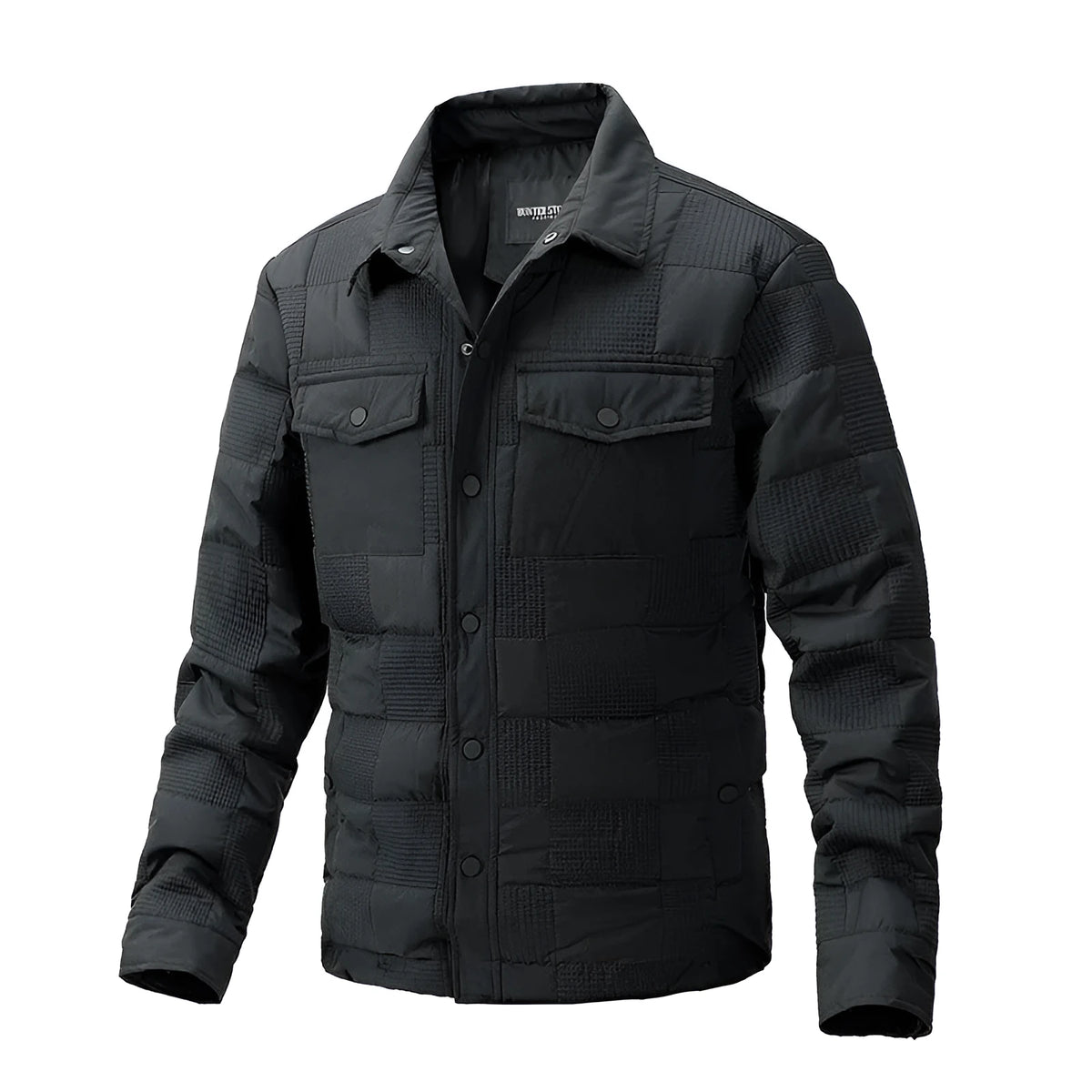 Man wearing a quilted polo collar shirt jacket in army green, showing the wool lining and knitwear style.
