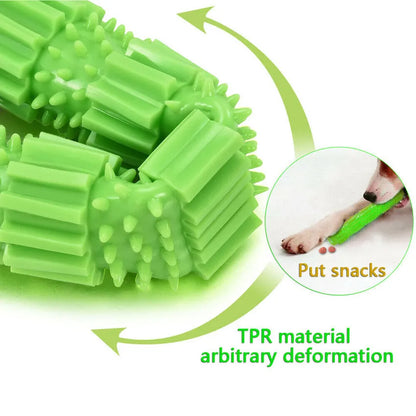 Green and orange rubber dog chew toy with treat dispensing compartment for aggressive chewing dogs