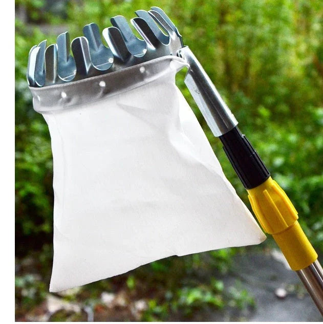 High-quality fruit picker tool with sturdy metal frame and reinforced cloth bag for effortless fruit harvesting from tall trees
