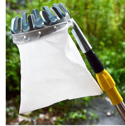 High-quality fruit picker tool with sturdy metal frame and reinforced cloth bag for effortless fruit harvesting from tall trees