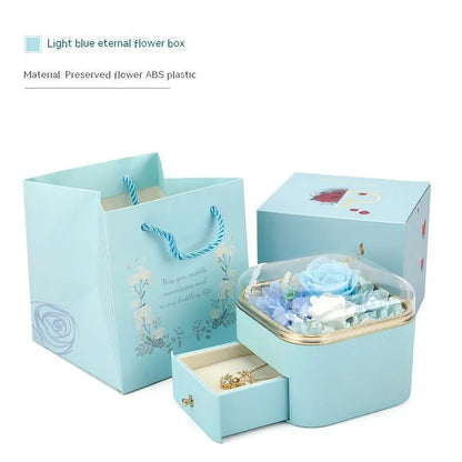 Valentine's Day rose flower drawer jewellery box with preserved eternal flowers and love crystal necklace gift set