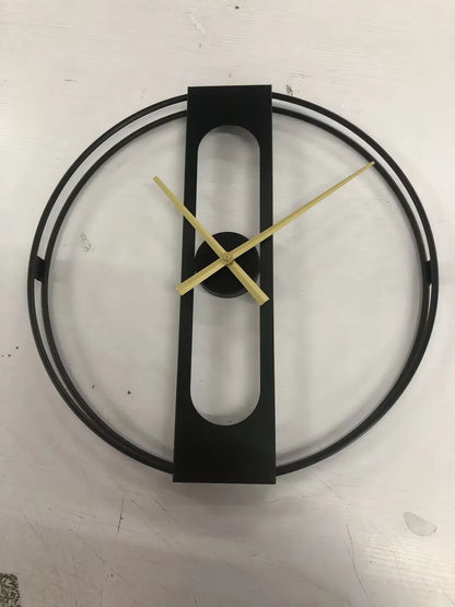Large round metal wall clock with black finish showing analogue dial, 50cm in diameter.