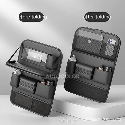 Leather car seat hanging storage bag with a fold-out dining table in black colour