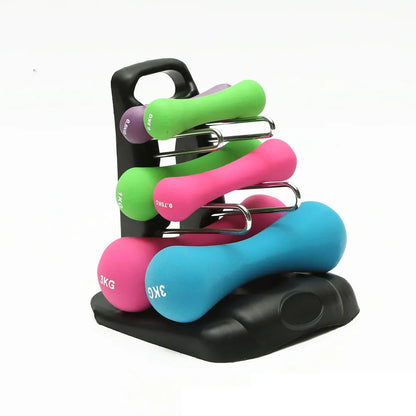 PVC fitness dumbbell rack with removable bracket support on a gym floor